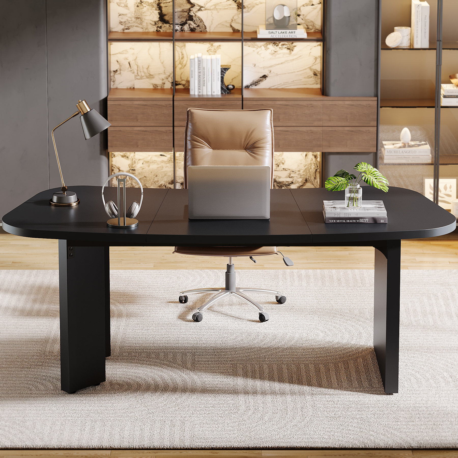Ebern Designs 70.8" Modern Executive Desk,Black Office Desk Computer